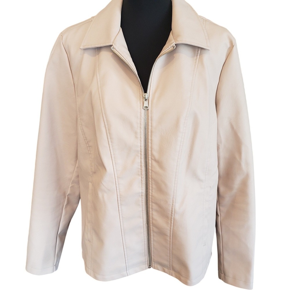 Baccini Womens Cream Faux Vegan Leather Full Zip‎ Moto Jacket Size L Beige Lined